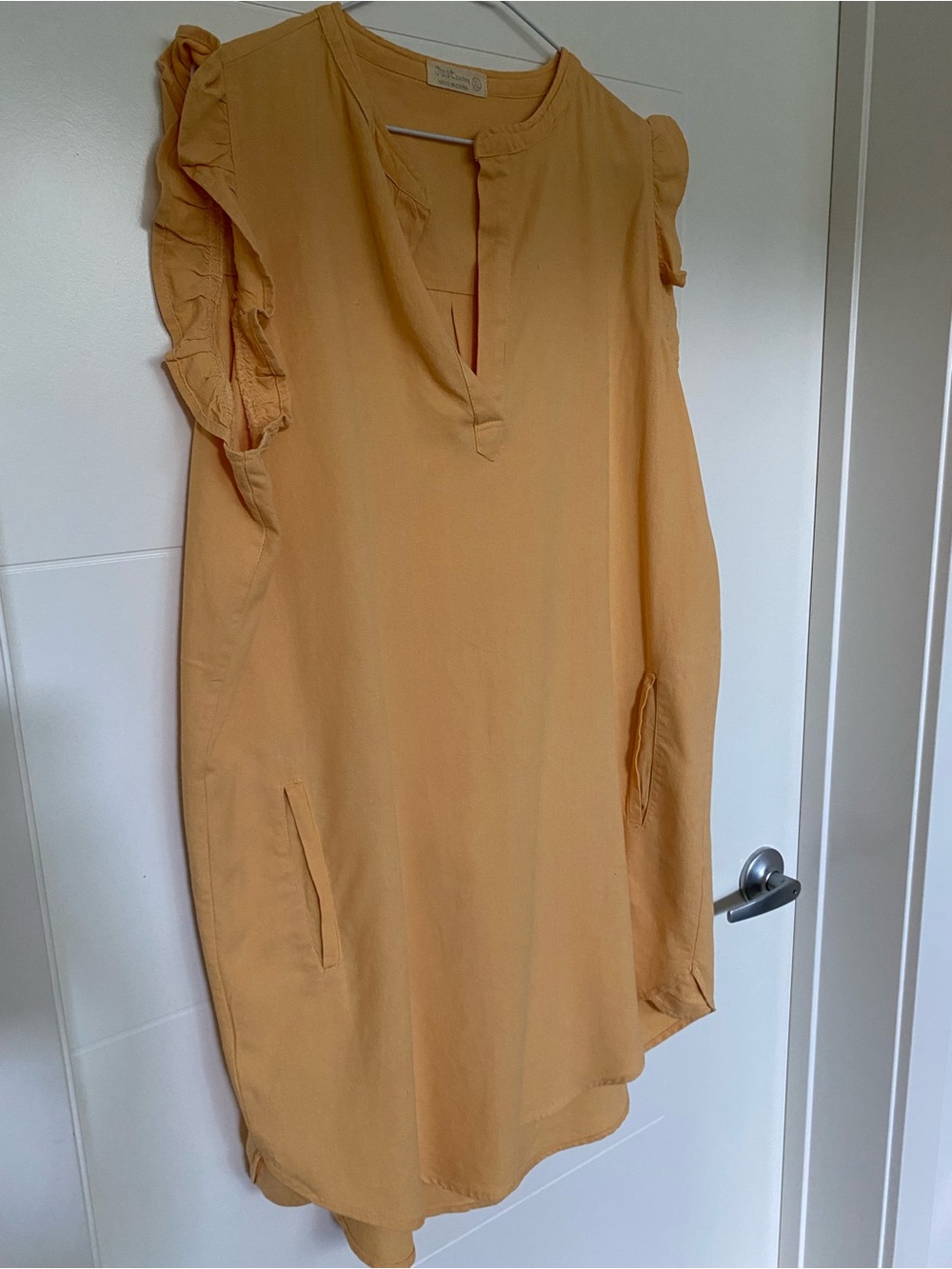 Just Living Linen Blend Sleeveless Ruffle-Shoulder Tunic Dress light orange